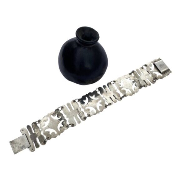 Vintage Mexican Sterling Silver Large 8 Glyph Panel Link Bracelet - Picture 6 of 11